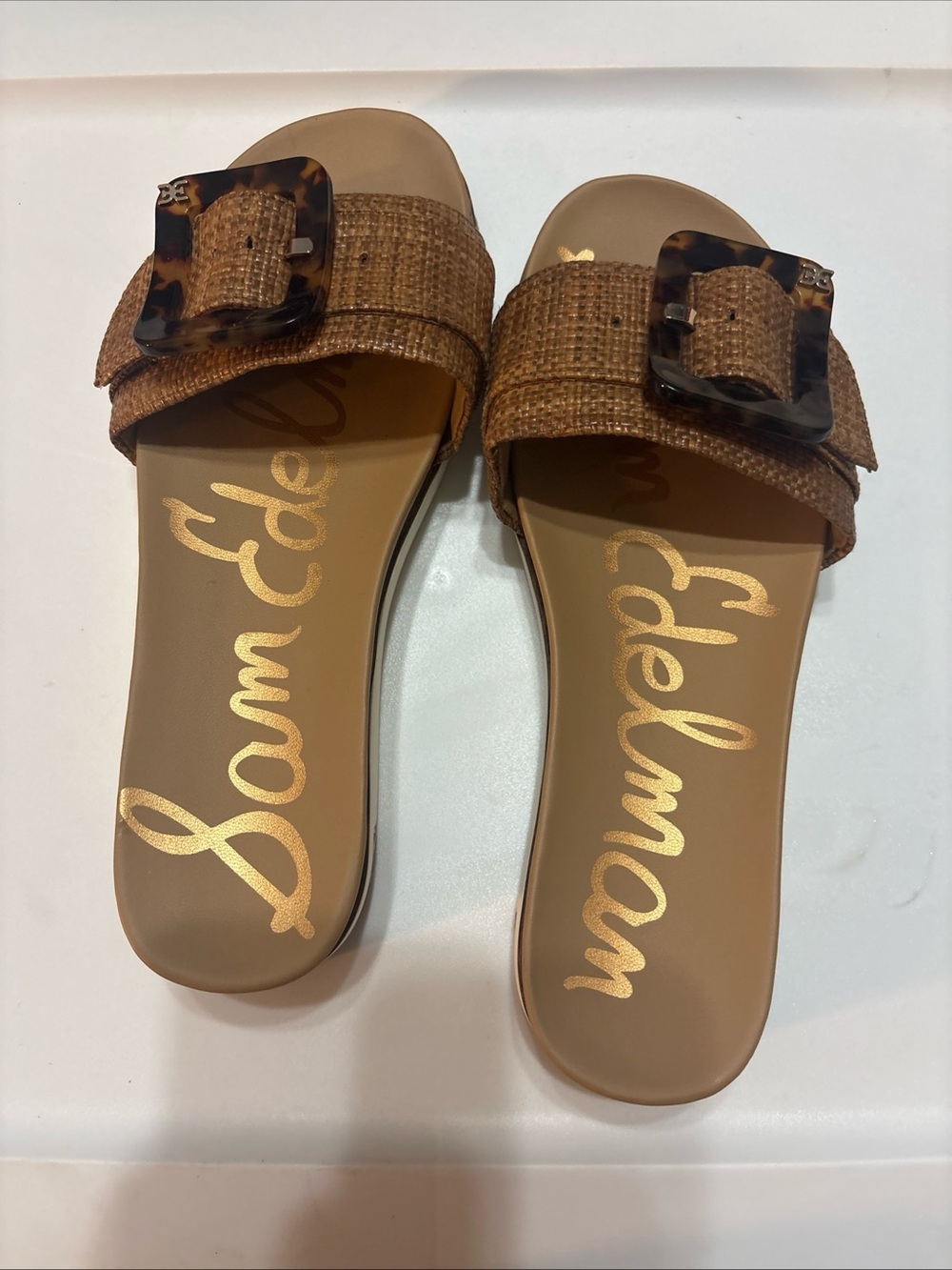 Sam Edelman Tan Raffia Slide Sandals with Tortoiseshell Buckle